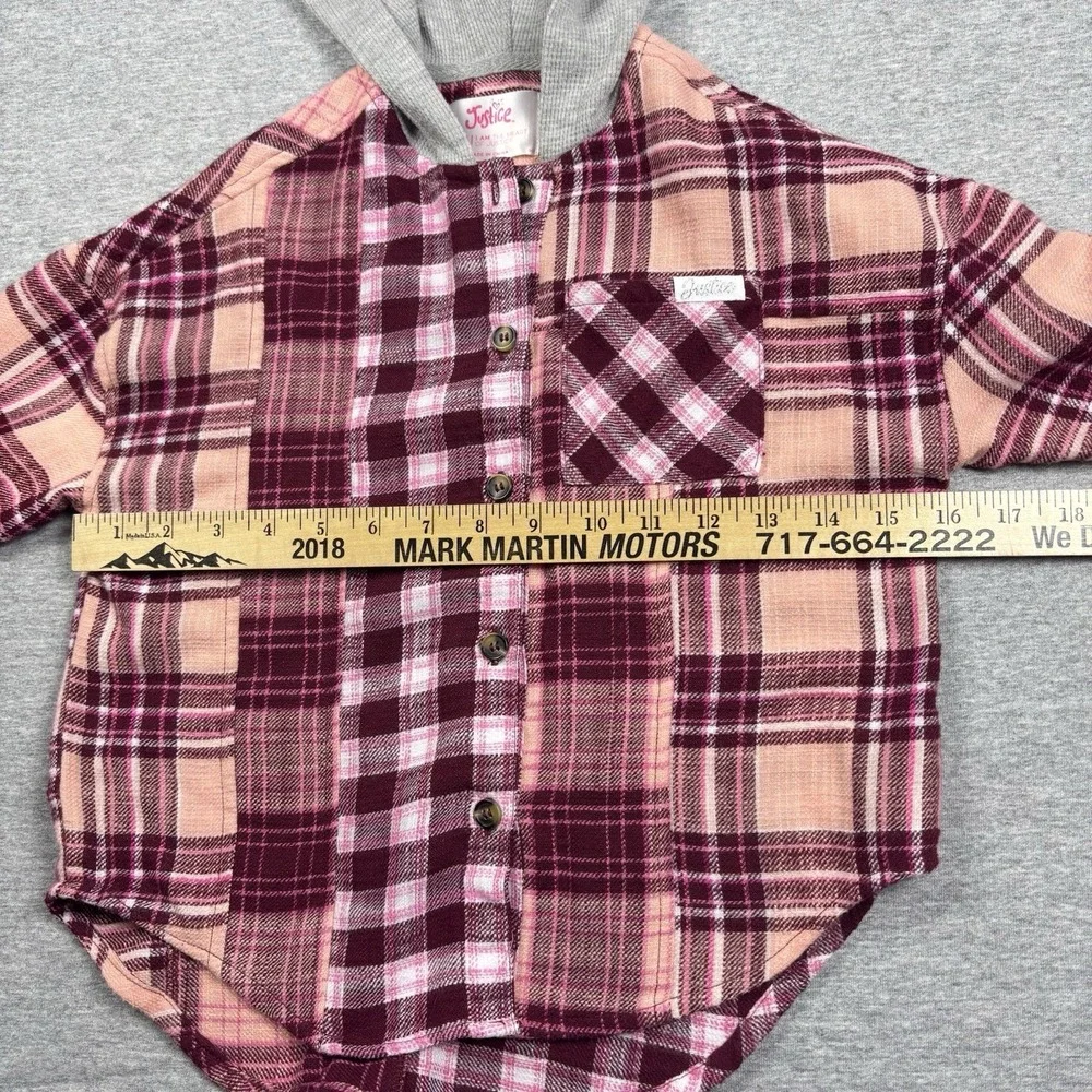 Justice Girls Long Sleeve Pink & Maroon Plaid Flannel Shirt W/Hood Size XS (5/6)
